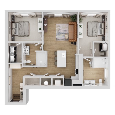 A top-down view of a modern apartment layout with a kitchen, living room, and bedrooms.